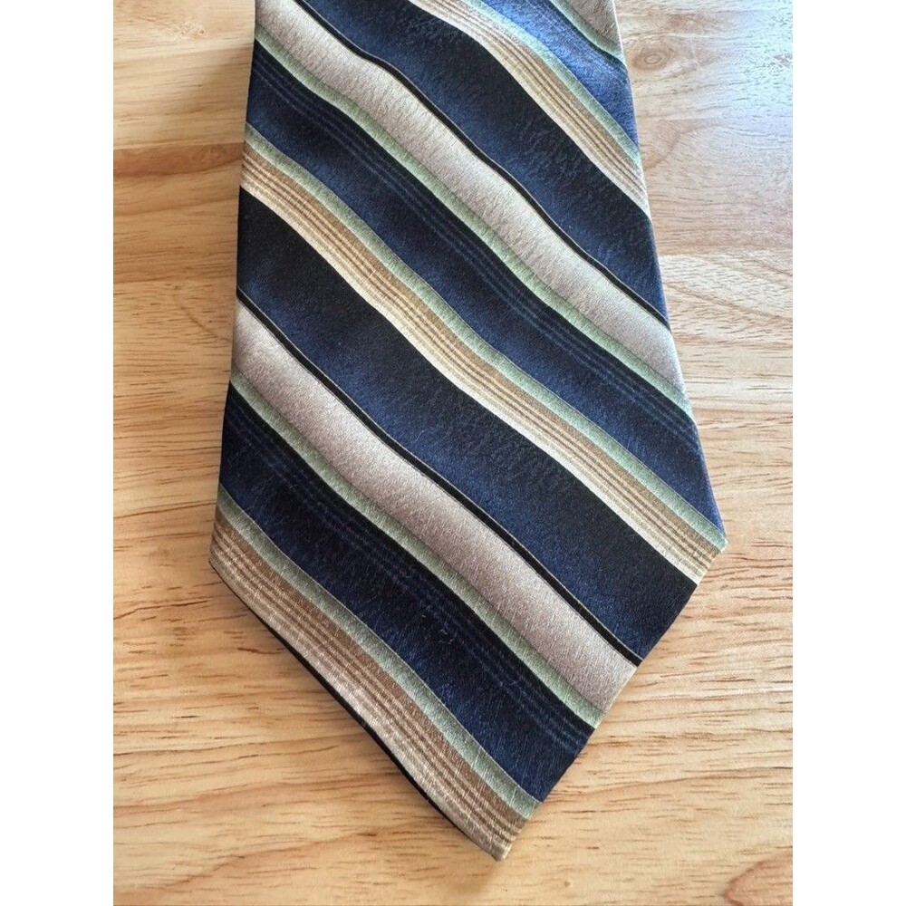 Retro Wide Silk Tie Navy Tan Sage Green Striped Wide Preppy 59" 4" Pierre Cardin